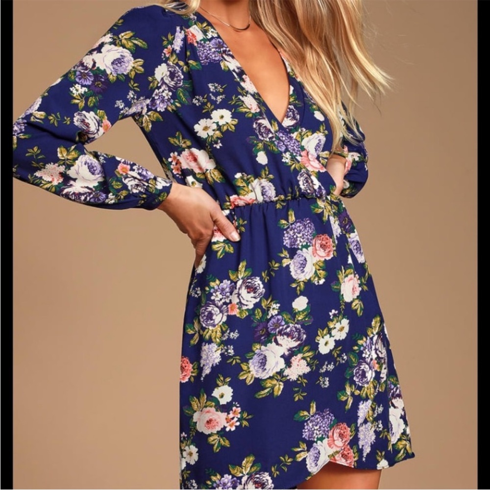 Lulus That’s A Wrap Floral Print Navy Blue Dress
